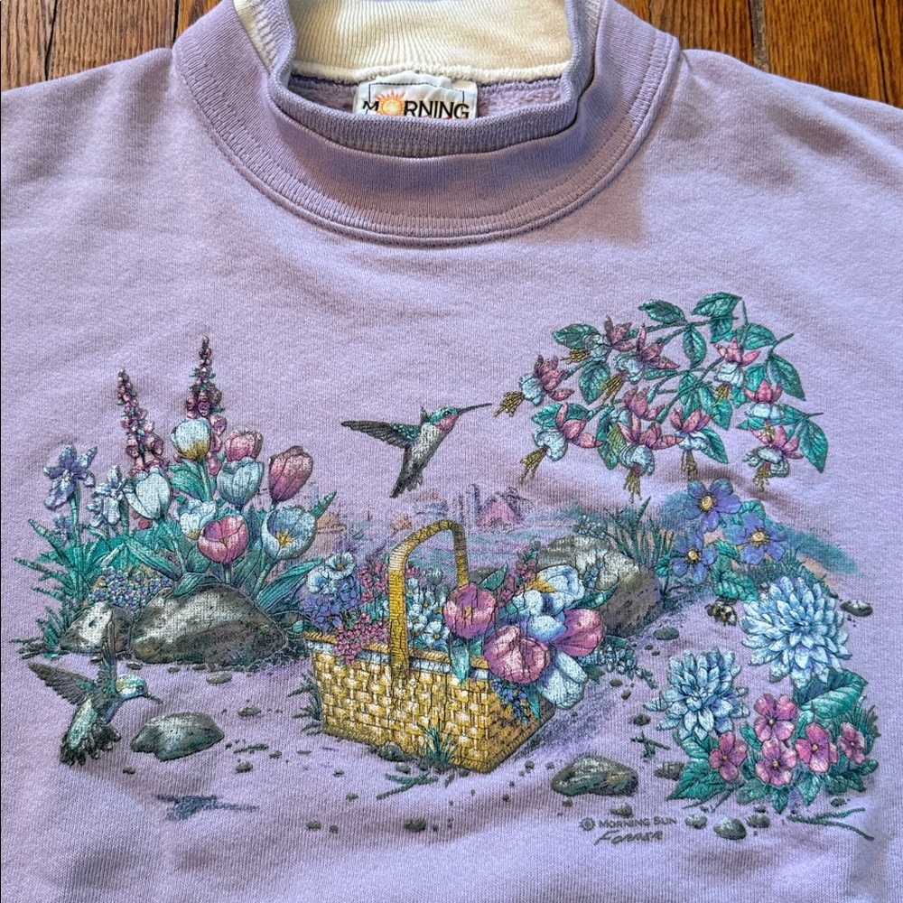 90’s Floral Hummingbird Vintage Granny Crewneck Sweater - Picture 2 of 10